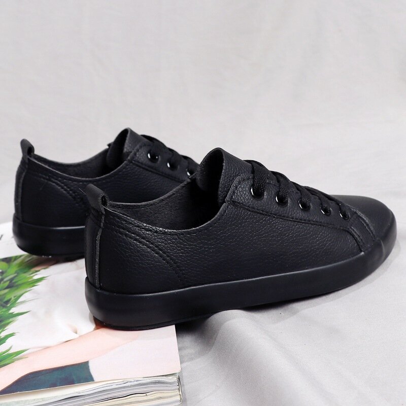 Summer High Quality Soft Leather Black White Shoes Women's Sneakers Breathable Casual Shoes Korean Version Lace-up Flats Women