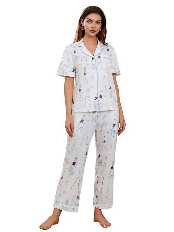 Conjunto de pijamas de 2 piezas para mujer, ropa de dormir con estampado de copas de vino, Tops sueltos de manga corta y pantalones de cintura elástica