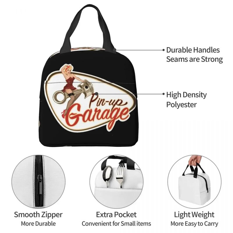 Pin Up Garage Retro Rockabilly Design borse per il pranzo isolate borse da Picnic portatili borsa termica per il pranzo per donna lavoro scuola per bambini