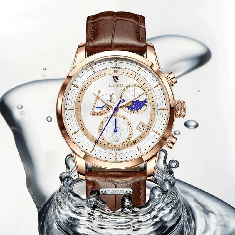 Часы наручные LIGE мужские с большим циферблатом, роскошные спортивные водонепроницаемые кварцевые, с кожаным ремешком, с хронографом, с коробкой
