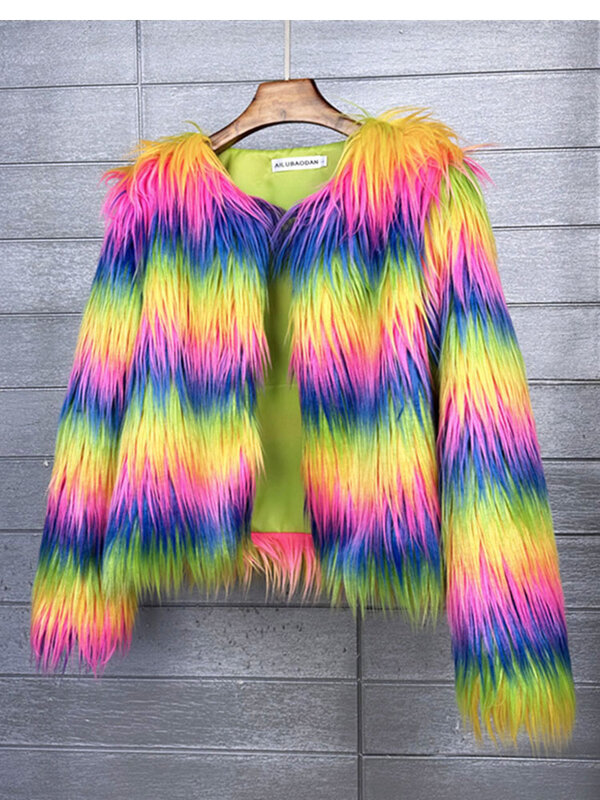 ZADORIN-abrigo esponjoso de piel sintética para mujer, chaqueta peluda de manga larga, color arcoíris, para otoño e invierno, 2024