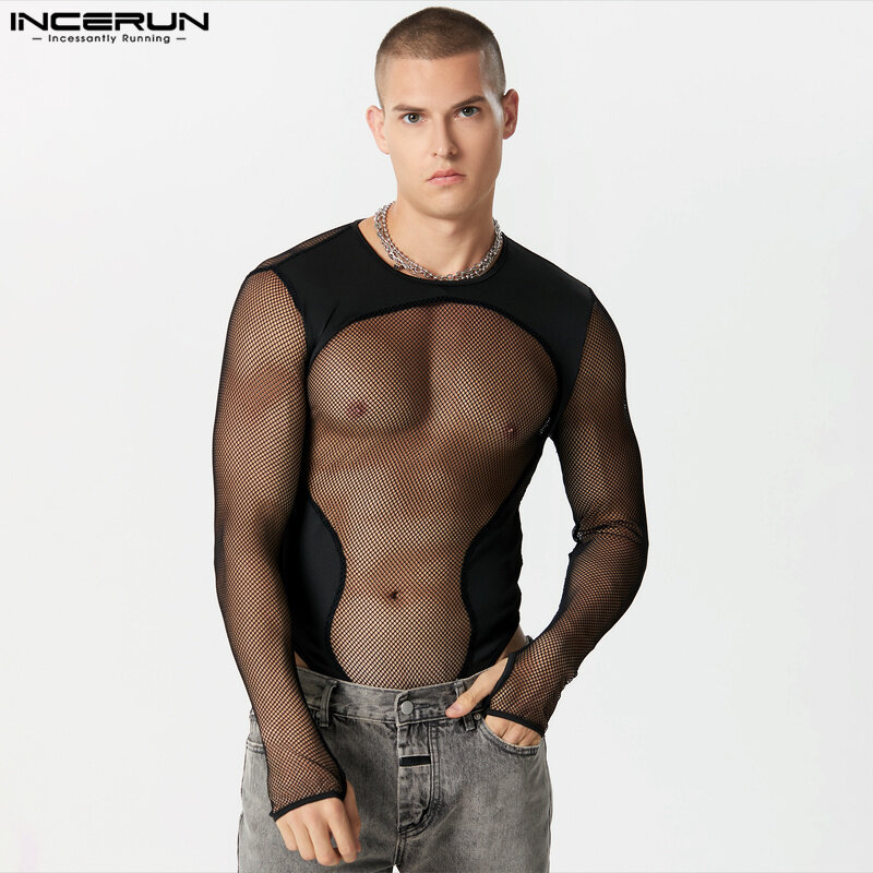 INCERUN 2024 Sexy Men's Loungewear Casual Male See-through Mesh Patchwork Rompers Stylish Long Sleeved Triangle Bodysuits S-3XL