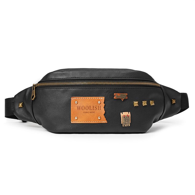 メンズリベットデザインウエストバッグ,高品質の合成皮革ベルトバッグ,カジュアルなトラベル,防水収納チェストバッグ,ファッショナブル