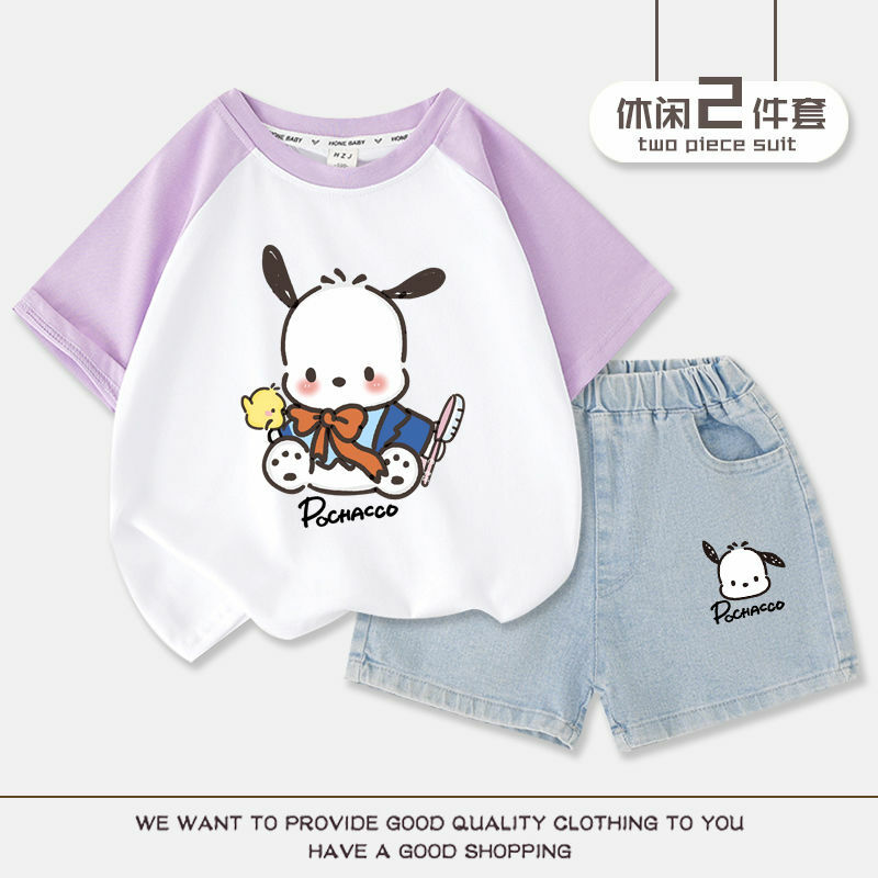 Sanrios Kids Short-Sleeved Shorts Two-Piece Set Pochacco Boy Girl Cotton T-Shirt Denim Shorts Summer Casual Children's Clothes