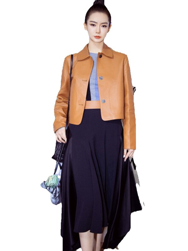 Spring New Star Same Genuine Leather Coat Women's Short Sheepskin Slim Fit Jacket Square Neck Coat