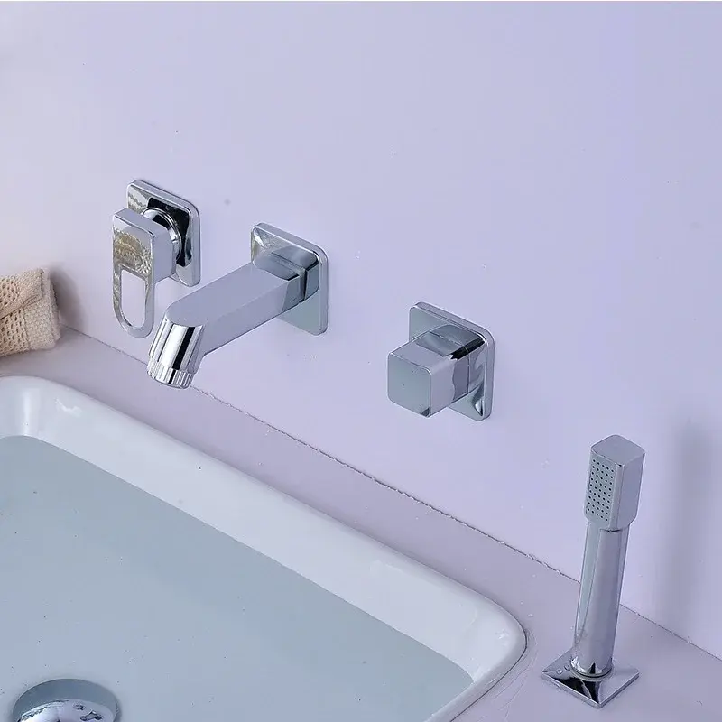 Torneira de banheira portátil de parede, torneira da bacia, torneira misturadora, água fria e quente, chuveiro de mão, deck, 4PCs