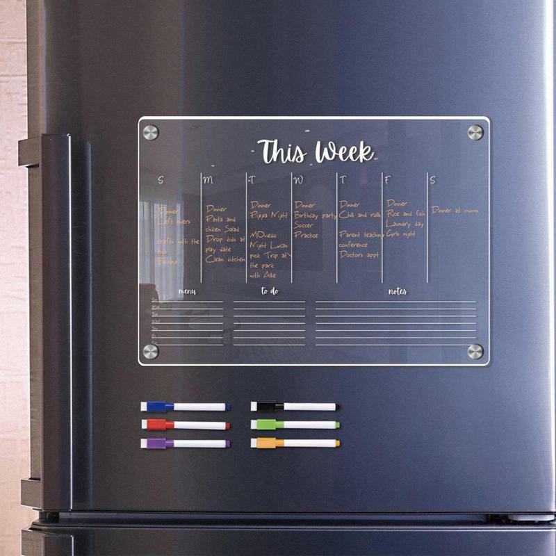 Calendário acrílico magnético para geladeira, seco Erase Board, Design ímã transparente