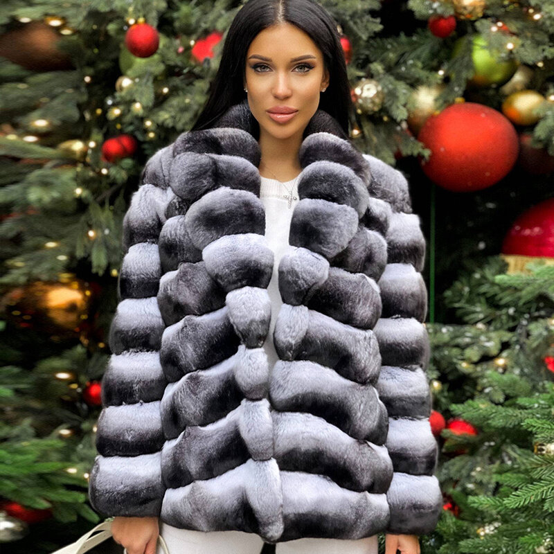Abrigo de piel de conejo Rex Natural para mujer, chaquetas cortas de piel de Chinchilla, chaqueta de piel Real más vendida, Invierno