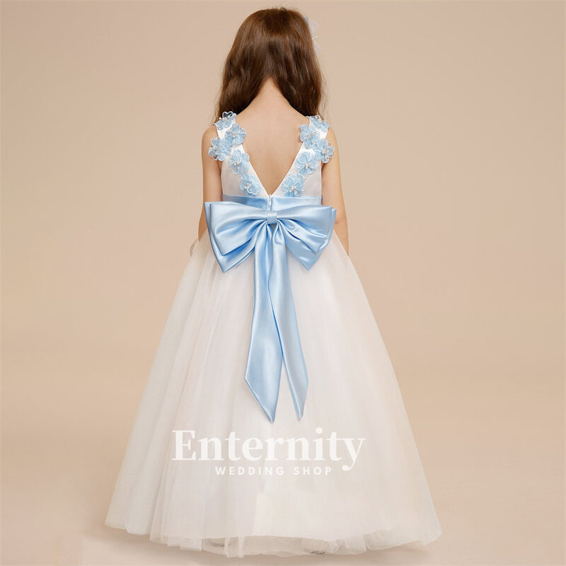 Kwiat sukienki dla dziewczynek linii z wycięciem dziewczynek eleganckie sukienki satynowe tiulowa suknia ślubna do podłogi Vestidos Para Niñas