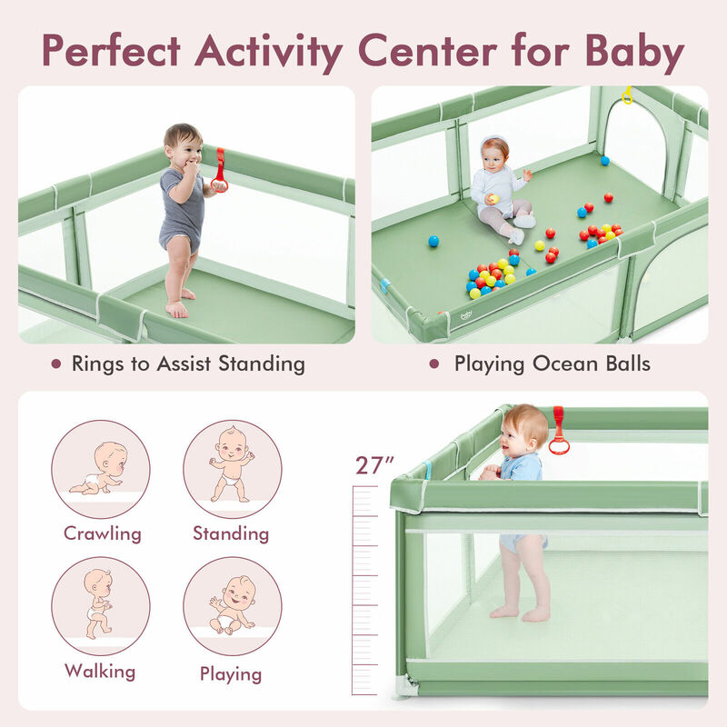 Детский манеж Babyjoy, очень большой безопасный манеж для детей с шарами и кольцами, зеленый цвет