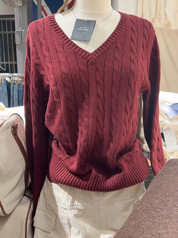 Suéter de punto con flores retorcidas para mujer, Jersey ajustado de manga larga con cuello en V, lindo estilo Preppy, Y2k, Otoño e Invierno