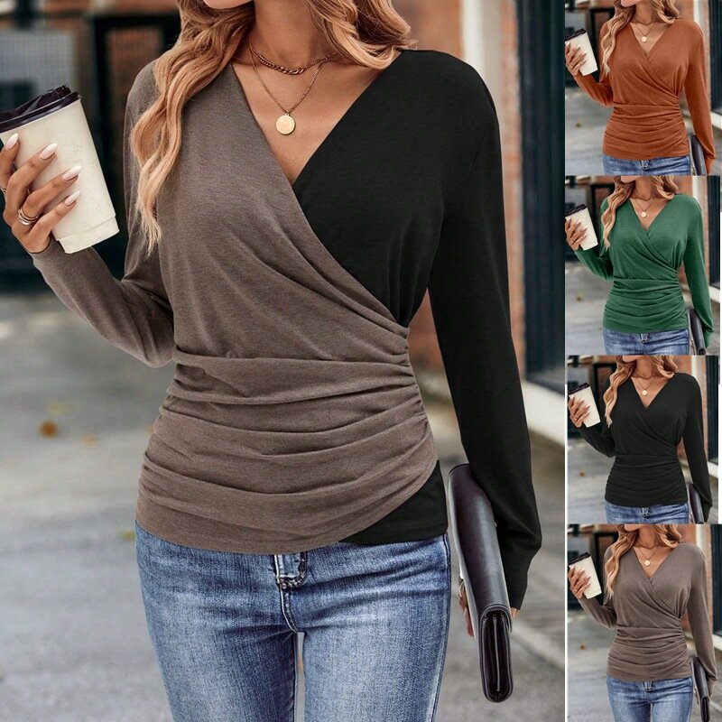 Autumn and Winter Elegant Women's New Slim Waist Pleated V-neck Long-sleeved Solid Colour Fashion Temperament Women's Tops