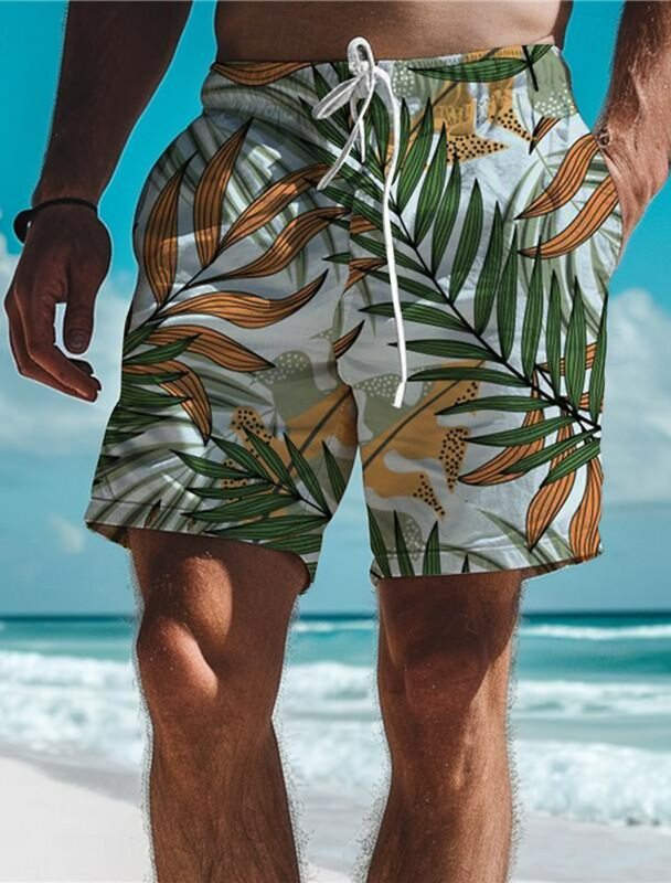 Celana pendek pria, celana pendek Hawaii pendek 3D motif daun tropis tali serut elastis bernapas meregang pendek gaya Aloha