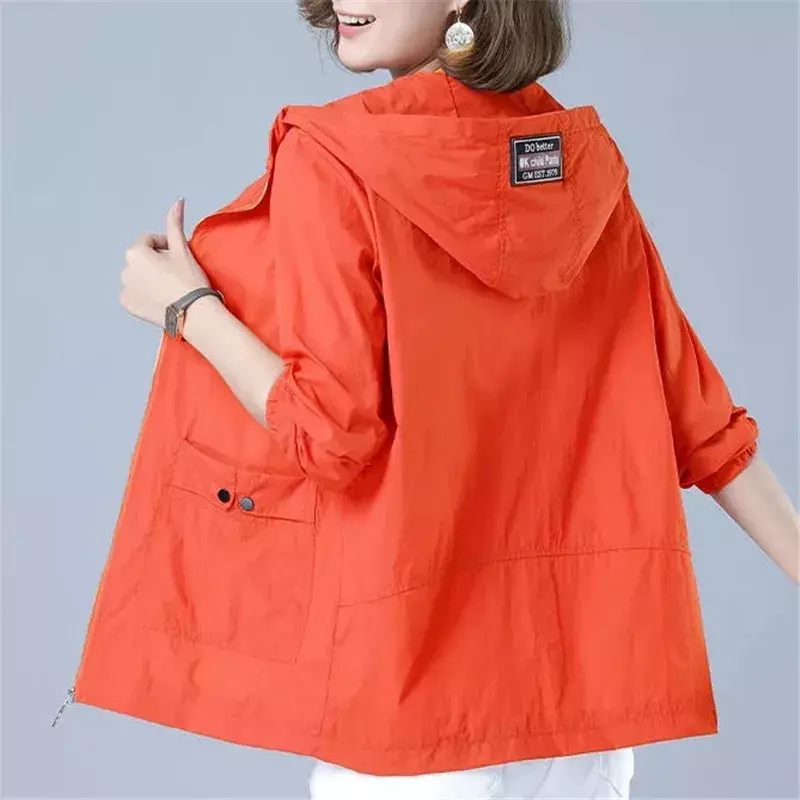 Jaket bertudung wanita, pakaian pelindung matahari sutra es 2023 Anti-Ultraviolet, Luaran longgar ritsleting