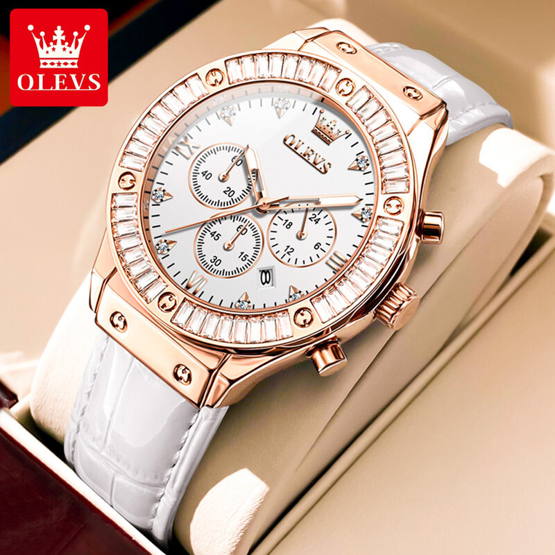 OLEVS-Montres à quartz avec bracelet en cuir pour femme, montres-bracelets multifonctionnelles pour femme, chronographe, eau, haute main, mode