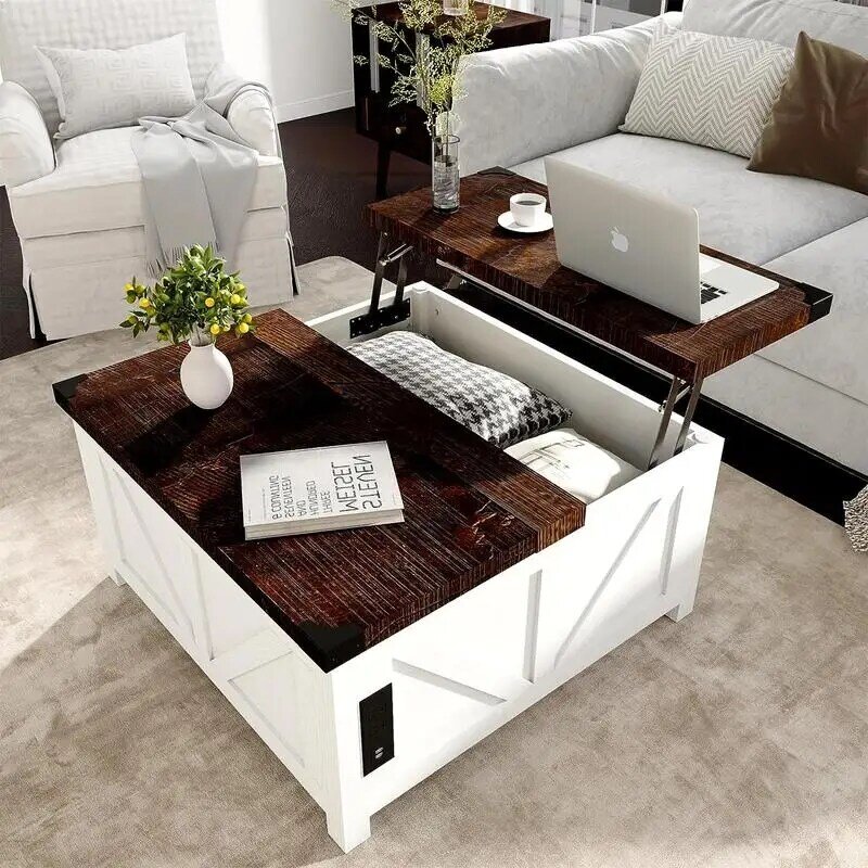 Farmhouse Coffee Table with Storage, Wood Square Center Table with Charging Station & USB Ports, Lift Tabletop Central Table wit