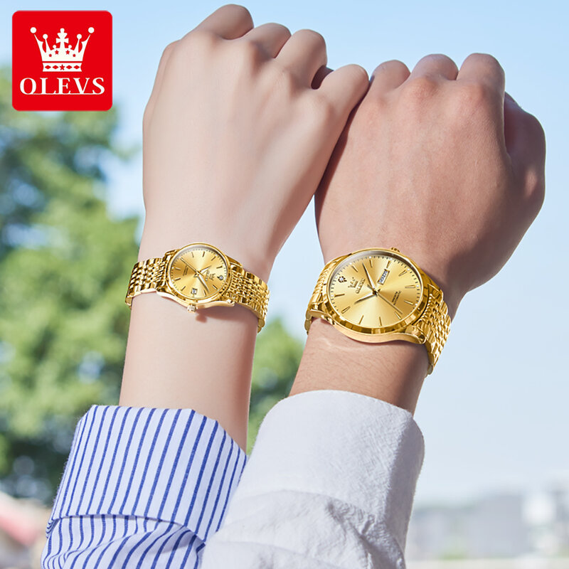 OELVS Brand Luxury Gold Mechanical Watch for Men Women Stainless Steel Couple Watch Fashion Steel Waterproof Week Date Clock