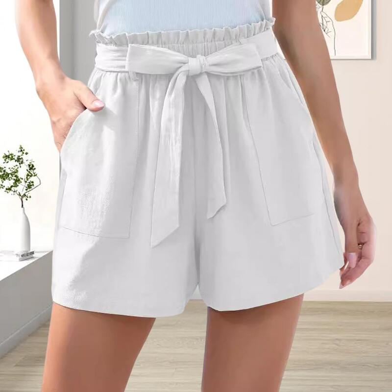 Women Shorts Shirring Bow Decor Belted High Elastic Waist Pure Color A-line Pleated Side Pockets Club Party Dating Mini Shorts