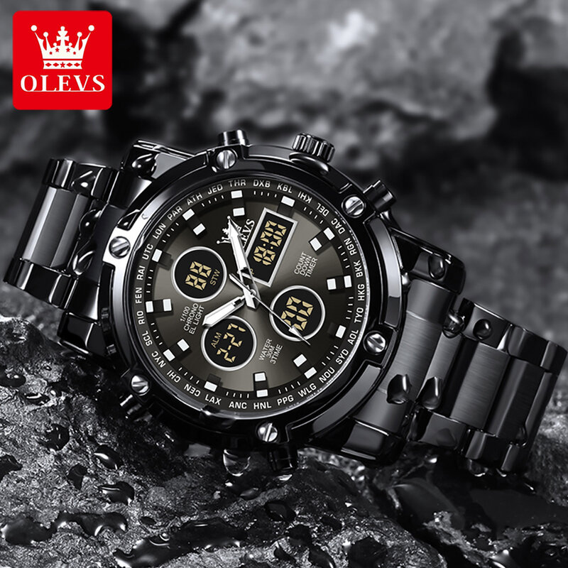 Новинка 2024, мужские часы OLEVS от лучшего бренда, роскошные спортивные цифровые кварцевые наручные часы для мужчин, полностью стальные военные водонепроницаемые часы + коробка