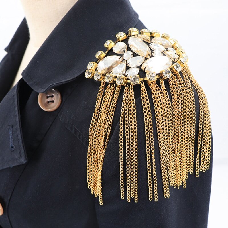 Alloy Long Tassel Epaulet for Rhinestone Shoulder Board Costume Shoulder Badge Decor for Man Women Stereoscopic Brooch