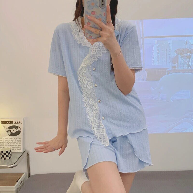 여성용 레이스 레이스 잠옷 세트, 더블 숏 2024, 귀엽고 개성있는 캐주얼 가디건, V넥 자카드 홈웨어, 한국 여름 신상