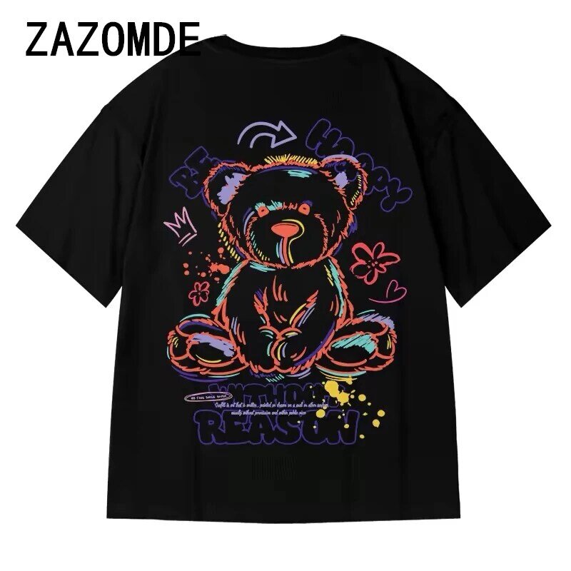 ZAZOMDE kaus ukuran besar pria, kaus katun Korea beruang longgar leher bulat pasangan kasual atasan lengan pendek musim panas