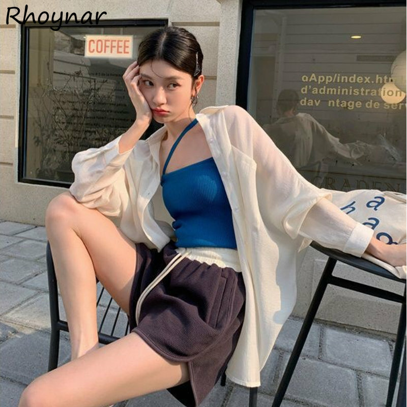 Puro camisas femininas baggy primavera verão sólido chique protetor solar all-match estilo coreano na moda streetwear casual faculdade harajuku y2k