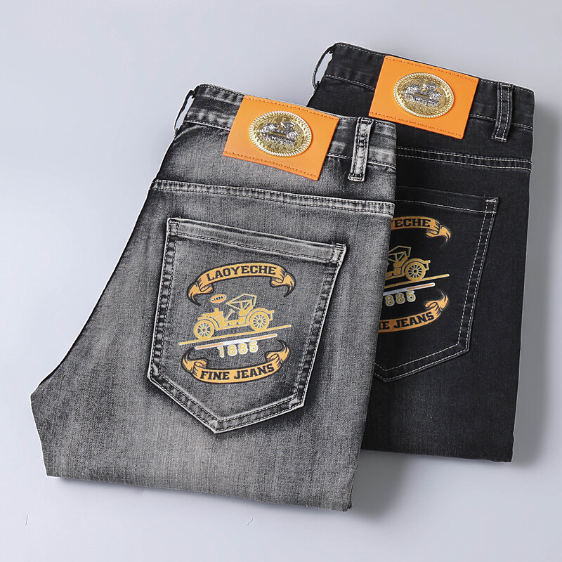 Jeans slim fit cônico masculino, jeans estampado jato de tinta, calça casual stretch, moda de alta qualidade, novo, 2024