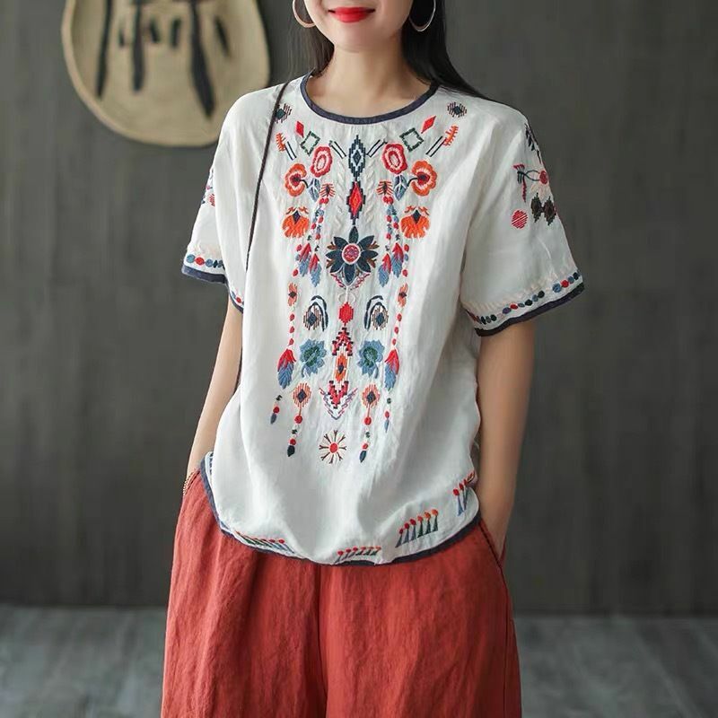 Chemisier rétro en coton et lin pour femmes, manches trois-quarts, Style National chinois, chemises Cheongsam à fleurs, 4XL, printemps été