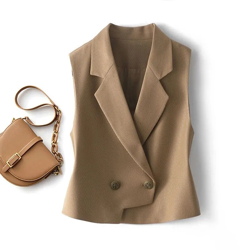 2024 New Vintage Sleeveless Blazer Vest Fashion OL Casual Lapel Blazer Women Office Double Breasted Suit Coats Autumn Femme