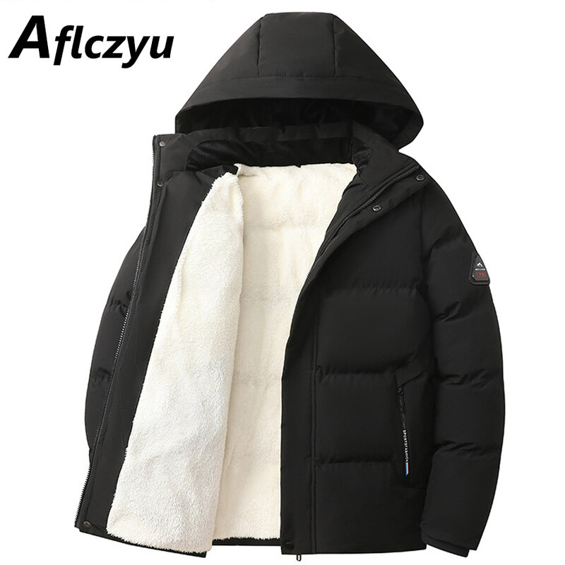 Parkas Men Winter Warm Fleece Jacket Coat Fashion Casual Solid Color Waterproof Parkas Male Winter Thick Jacket Coat Black