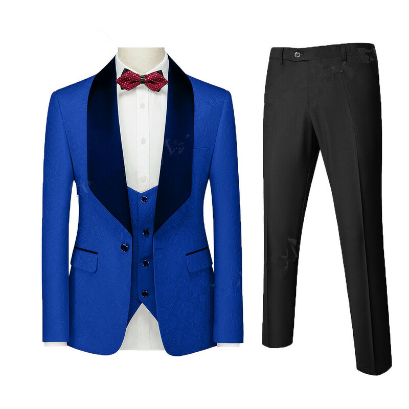 Men Suit 3 Pieces Beige Floral Jacquard Black Shawl Lapel Groomsmen Tuxedos For Wedding Party Blazer Vest Pants