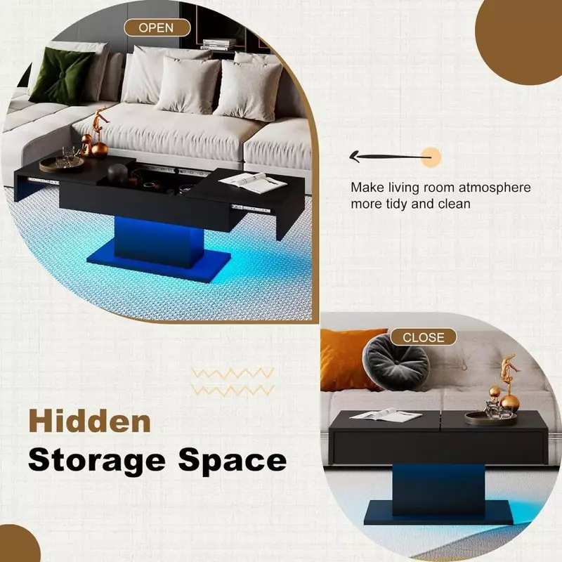 Couch tisch, LED für Wohnzimmer, Schiebe platte mit verstecktem Stauraum, Hochglanz modern, Couch tisch