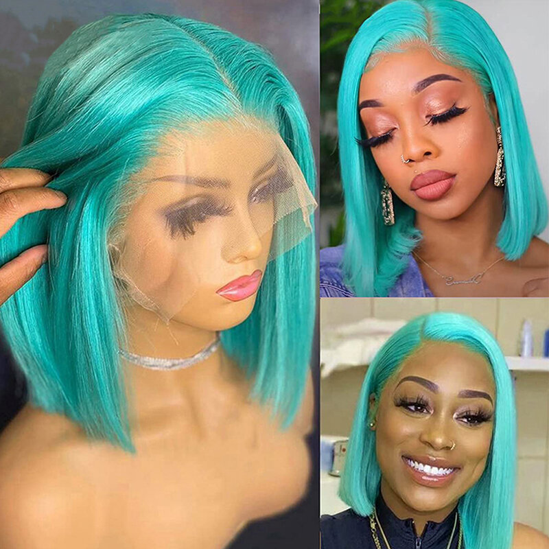 13X4 Short Bob Pixie Cut Straight Mint Green Colored Human Hair Frontal Wig T Part HD Transparent Lace Wigs For Woman Preplucked