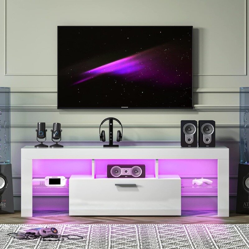 Modern LED TV Stand for 32/40/50/55 inch TV, High Glossy Entertainment Center with LED Lights, Gaming Television Stands