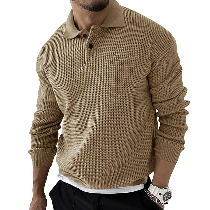 Sweater POLO rajut pria, pakaian bisnis kasual Pullover rajutan warna polos Lapel, kemeja POLO rajut musim gugur dan musim dingin