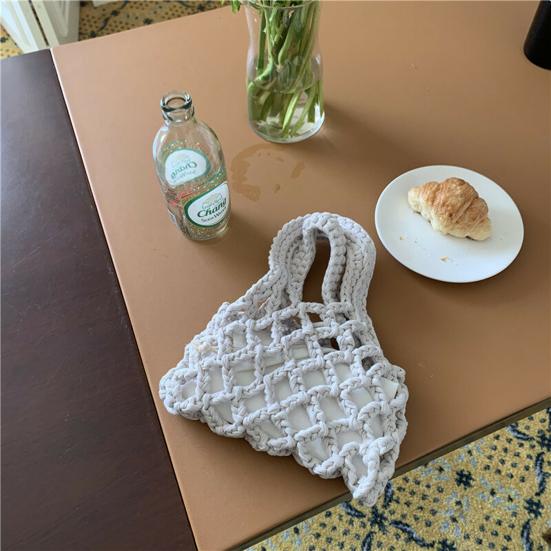 女性のための手作りの中空織りバッグ,手編みのビーチバッグ,ボヘミアンメッシュのミニニット,ポケット,漁網,2024
