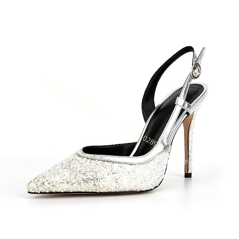 Czółenka z kryształowym szpiczastym noskiem buty na cienkich wysokich obcasach klamra na kostce seksowne buty ślubne dla letnie klapki 2023 Zapatos Para Mujere