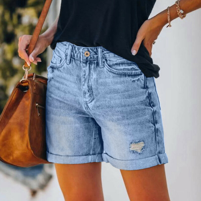 2024 modne damskie spodenki jeansowe spodnie kieszeń kobiece dziury dół seksowne dżinsy na co dzień spodnie dżinsowe sprane damskie spodenki jeansowe