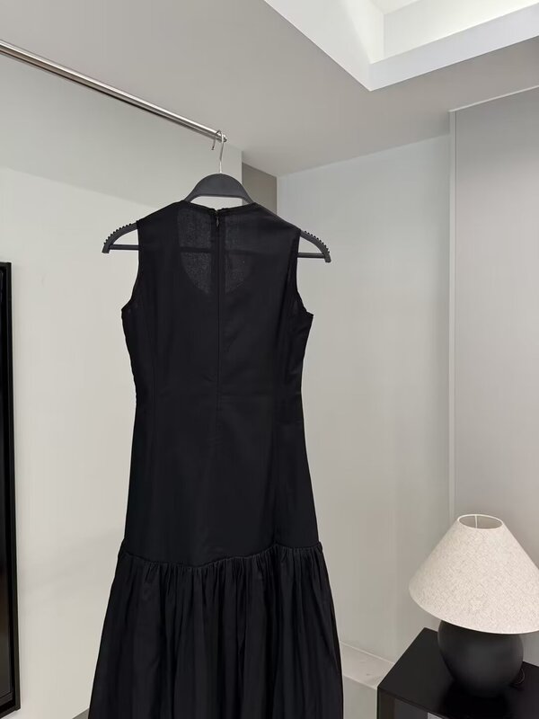 여성용 와이드 플리츠 대형 스커트 밑단 디자인, 블랙 O넥 패치워크 미디 원피스, 레트로 민소매 여성 원피스 Mujer, 새로운 패션