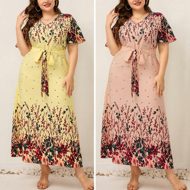 2023 kobiet letnia długa sukienka z dekoltem w szpic krótki rękaw z kwiatowym nadrukiem Boho sukienka plażowa kobieta Plus Size odzież damska