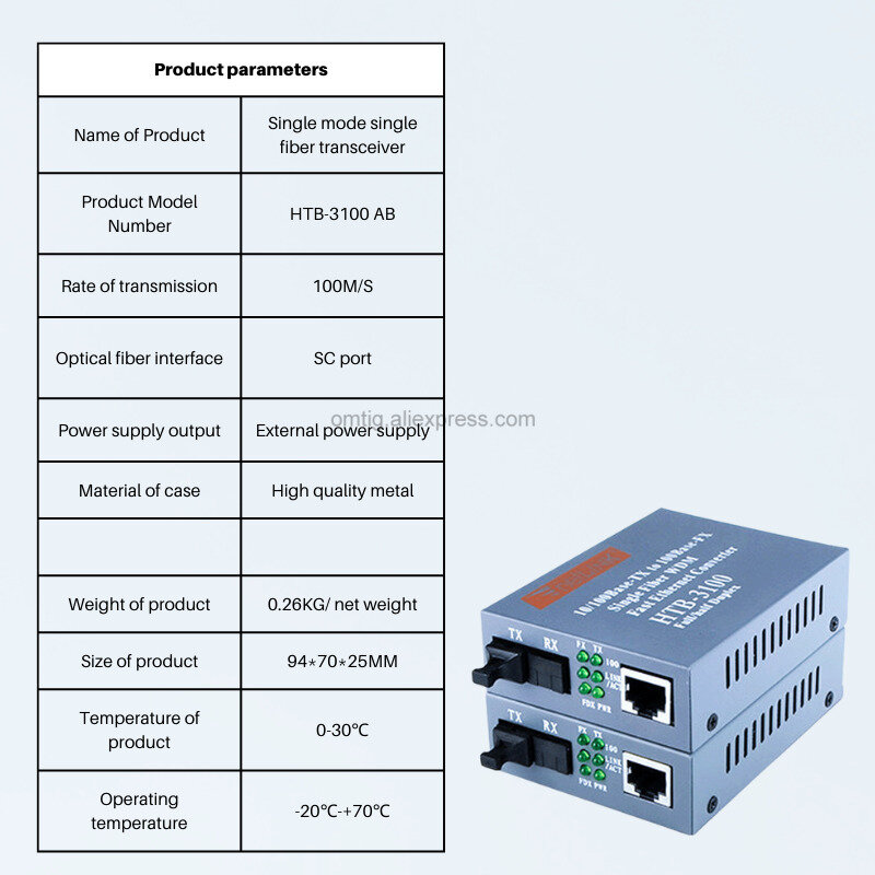 Convertisseur de média HTB-3100 Fiber optique, prix d'usine, Port SC unique, 25KM, alimentation externe 10/100M