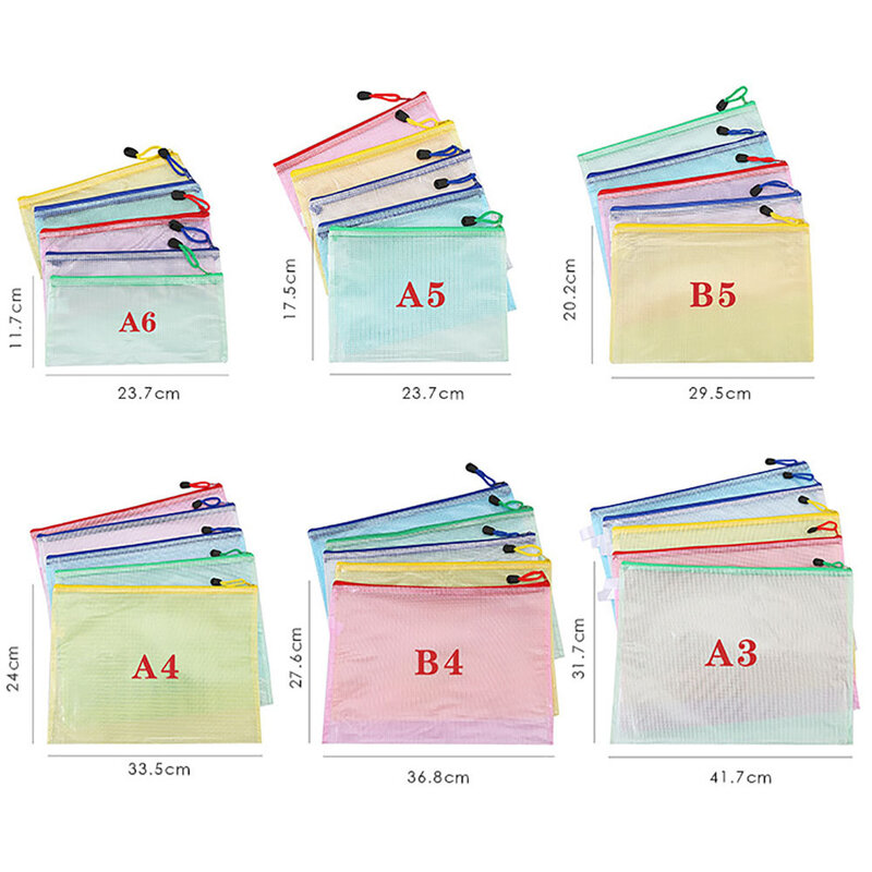 멀티 사이즈 메쉬 지퍼 파우치, 방수 지퍼 백, 방수 플라스틱 문서 파우치, 6 가지 크기, 12 색, 6 개, 12 개