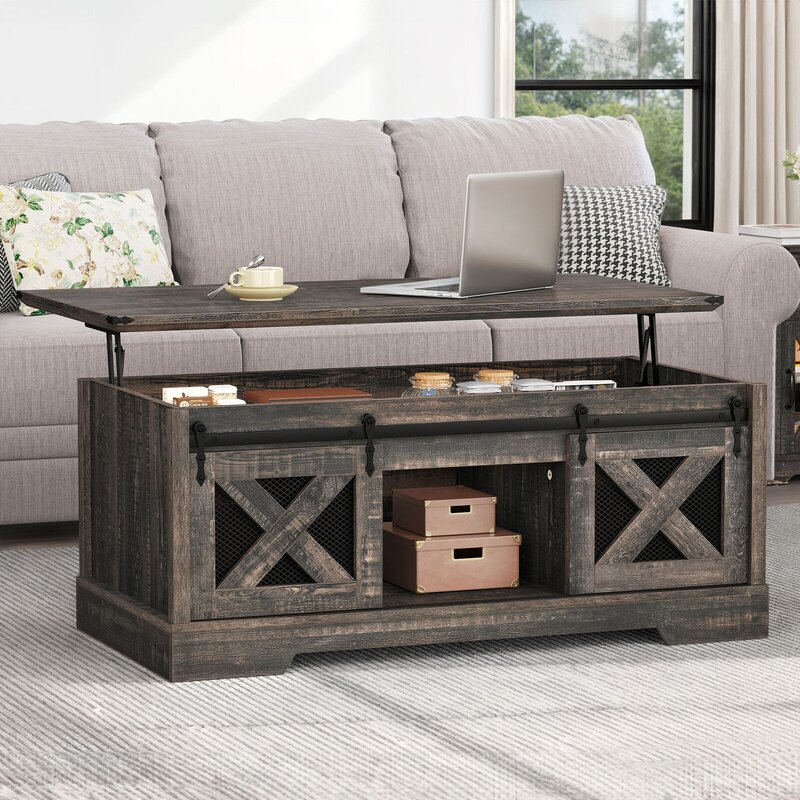 US  Farmhouse Lift Top Coffee Table with Storage & Sliding Barn Door Center Table