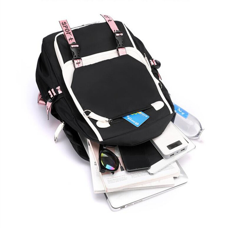 Pogromca demonów Kanroji Mitsuri plecaki Teenarges tornister Anime USB Charge Laptop podróżny torba na zewnątrz blokowanie kolorów Mochila