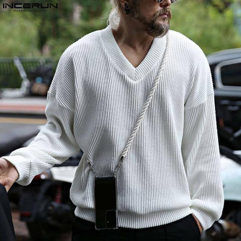 INCERUN top 2023 stile americano Mens Solid All-match pullover con scollo a v moda uomo sciolto confortevole maglione a maniche lunghe S-5XL