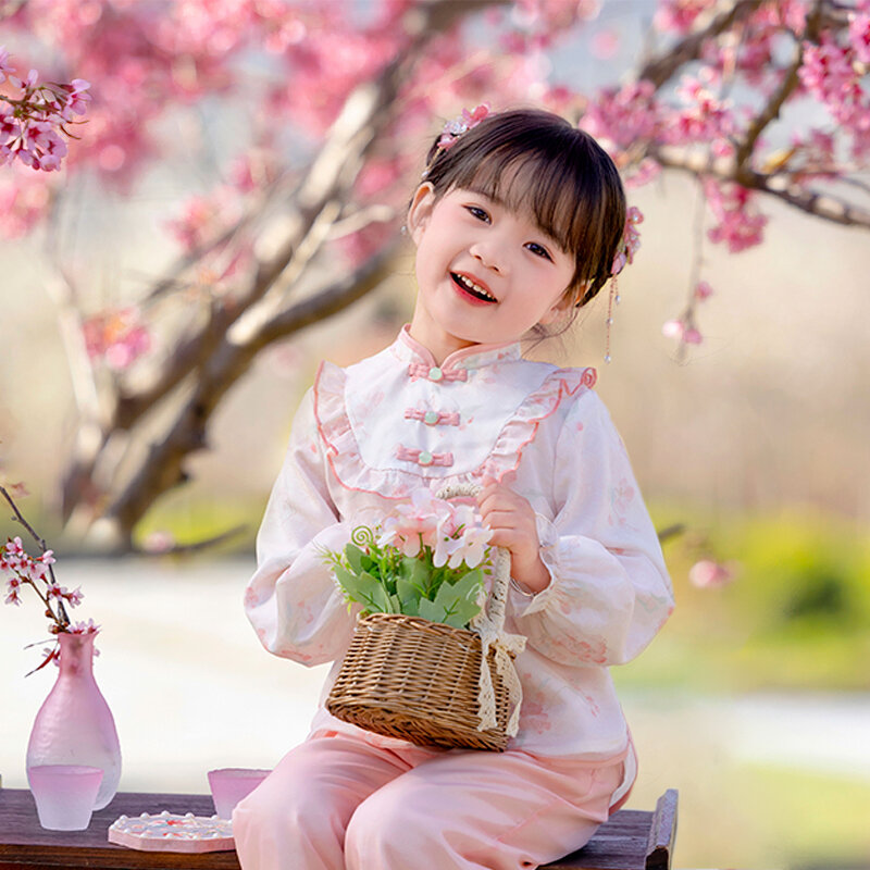 مجموعة ملابس على الطراز الصيني هانفو للفتيات الصغيرات ، بدلة تانغ محسنة للأطفال ، بنطلون وردي ، ملابس قديمة للفتيات الصغيرات ، الربيع والخريف