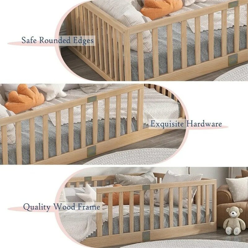 Двуспальные кровати с безопасными поручнями, Детские Напольные кровати Монтессори, деревянные детские напольные кровати