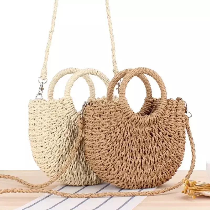 LW034 bolso de paja tejido de ratán medio redondo hecho a mano para mujer, bandolera de verano, bolso de playa pequeño para niñas