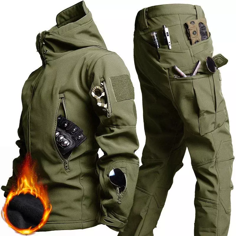 Camouflage Softshell Set Men Military Tactical Hooded Jacket+Multi-pocket Loose Cargo Work Pants Fleece Sharkskin Two-piece Suit